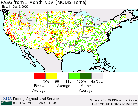 United States PASG from 1-Month NDVI (Terra-MODIS) Thematic Map For 12/1/2020 - 12/10/2020