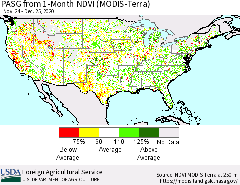 United States PASG from 1-Month NDVI (MODIS-Terra) Thematic Map For 12/21/2020 - 12/31/2020