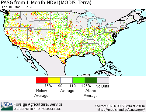 United States PASG from 1-Month NDVI (Terra-MODIS) Thematic Map For 3/11/2021 - 3/20/2021