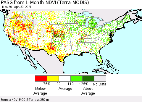 United States PASG from 1-Month NDVI (Terra-MODIS) Thematic Map For 4/21/2021 - 4/30/2021