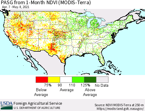United States PASG from 1-Month NDVI (Terra-MODIS) Thematic Map For 5/1/2021 - 5/10/2021