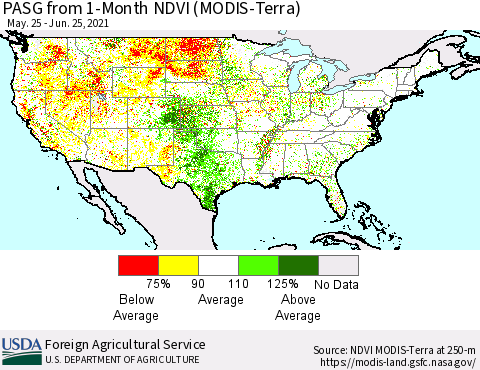 United States PASG from 1-Month NDVI (Terra-MODIS) Thematic Map For 6/21/2021 - 6/30/2021