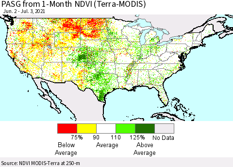 United States PASG from 1-Month NDVI (Terra-MODIS) Thematic Map For 6/26/2021 - 7/3/2021