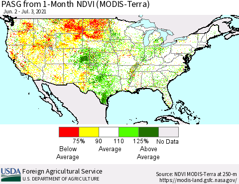 United States PASG from 1-Month NDVI (Terra-MODIS) Thematic Map For 7/1/2021 - 7/10/2021