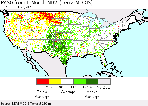 United States PASG from 1-Month NDVI (Terra-MODIS) Thematic Map For 7/20/2021 - 7/27/2021
