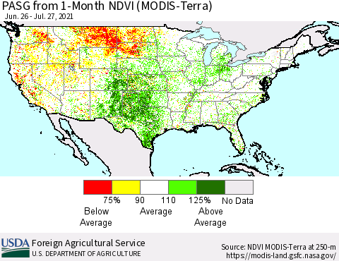 United States PASG from 1-Month NDVI (Terra-MODIS) Thematic Map For 7/21/2021 - 7/31/2021