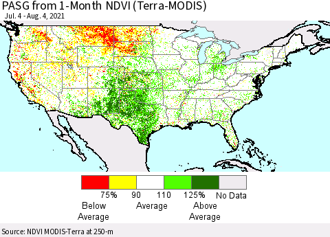 United States PASG from 1-Month NDVI (Terra-MODIS) Thematic Map For 7/28/2021 - 8/4/2021