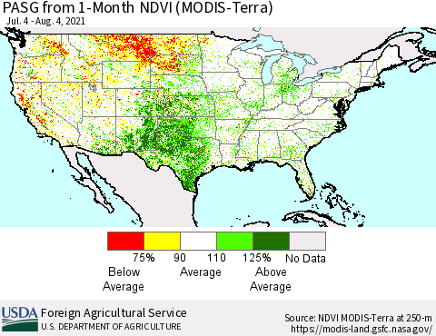 United States PASG from 1-Month NDVI (Terra-MODIS) Thematic Map For 8/1/2021 - 8/10/2021