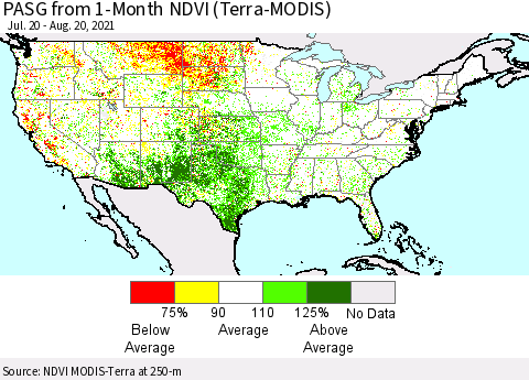 United States PASG from 1-Month NDVI (Terra-MODIS) Thematic Map For 8/13/2021 - 8/20/2021