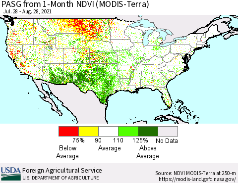United States PASG from 1-Month NDVI (Terra-MODIS) Thematic Map For 8/21/2021 - 8/31/2021