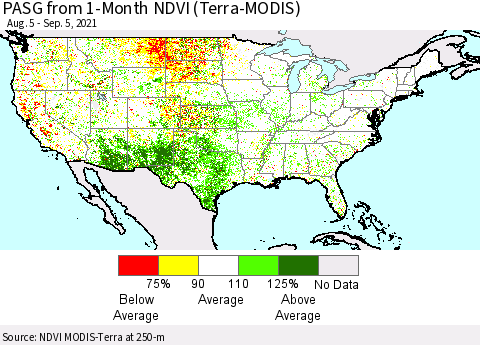 United States PASG from 1-Month NDVI (Terra-MODIS) Thematic Map For 8/29/2021 - 9/5/2021