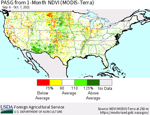 United States PASG from 1-Month NDVI (Terra-MODIS) Thematic Map For 10/1/2021 - 10/10/2021