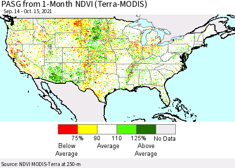 United States PASG from 1-Month NDVI (Terra-MODIS) Thematic Map For 10/8/2021 - 10/15/2021