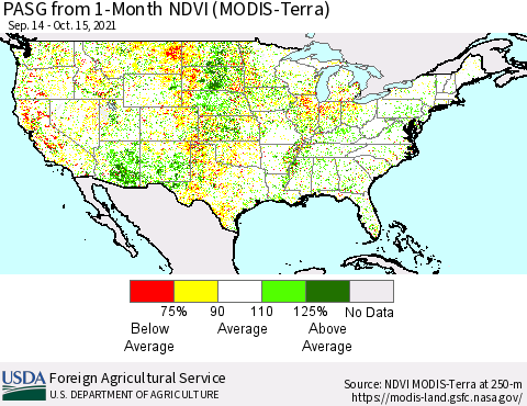 United States PASG from 1-Month NDVI (Terra-MODIS) Thematic Map For 10/11/2021 - 10/20/2021