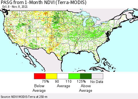 United States PASG from 1-Month NDVI (Terra-MODIS) Thematic Map For 11/1/2021 - 11/8/2021