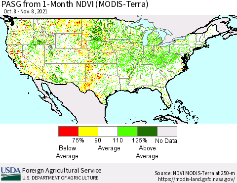 United States PASG from 1-Month NDVI (Terra-MODIS) Thematic Map For 11/1/2021 - 11/10/2021