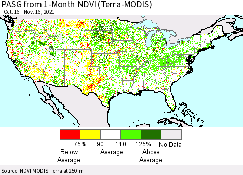 United States PASG from 1-Month NDVI (Terra-MODIS) Thematic Map For 11/9/2021 - 11/16/2021
