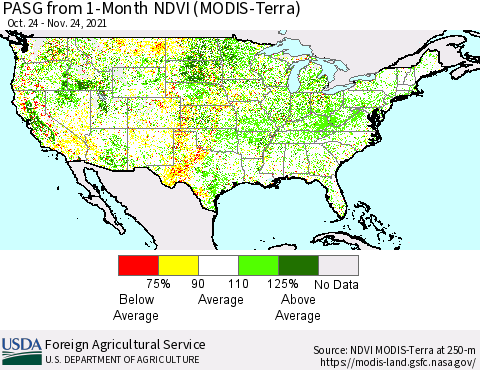 United States PASG from 1-Month NDVI (Terra-MODIS) Thematic Map For 11/21/2021 - 11/30/2021