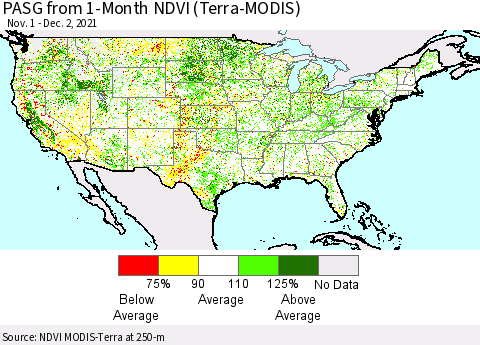 United States PASG from 1-Month NDVI (Terra-MODIS) Thematic Map For 11/25/2021 - 12/2/2021