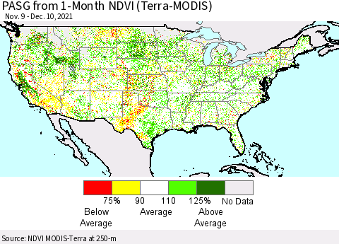United States PASG from 1-Month NDVI (Terra-MODIS) Thematic Map For 12/1/2021 - 12/10/2021