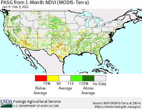 United States PASG from 1-Month NDVI (Terra-MODIS) Thematic Map For 2/1/2022 - 2/10/2022