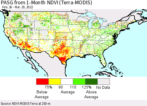 United States PASG from 1-Month NDVI (Terra-MODIS) Thematic Map For 3/22/2022 - 3/29/2022