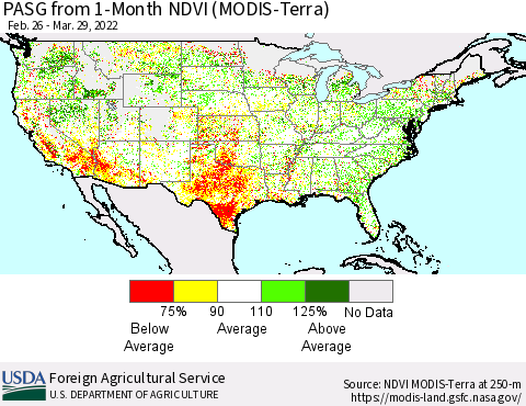 United States PASG from 1-Month NDVI (Terra-MODIS) Thematic Map For 3/21/2022 - 3/31/2022
