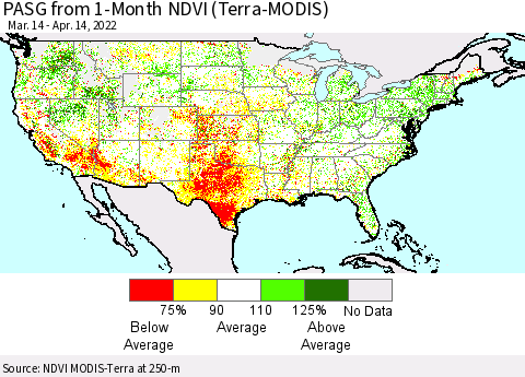 United States PASG from 1-Month NDVI (Terra-MODIS) Thematic Map For 4/7/2022 - 4/14/2022