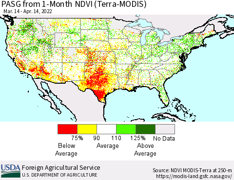 United States PASG from 1-Month NDVI (Terra-MODIS) Thematic Map For 4/11/2022 - 4/20/2022