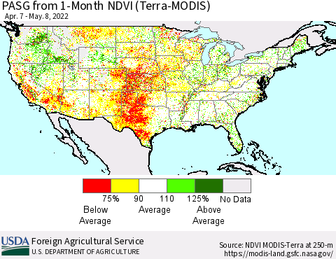 United States PASG from 1-Month NDVI (Terra-MODIS) Thematic Map For 5/1/2022 - 5/10/2022