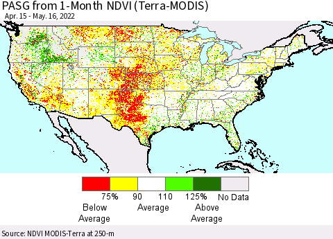 United States PASG from 1-Month NDVI (Terra-MODIS) Thematic Map For 5/9/2022 - 5/16/2022