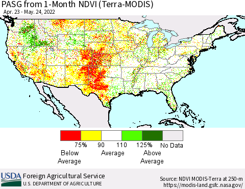 United States PASG from 1-Month NDVI (Terra-MODIS) Thematic Map For 5/21/2022 - 5/31/2022