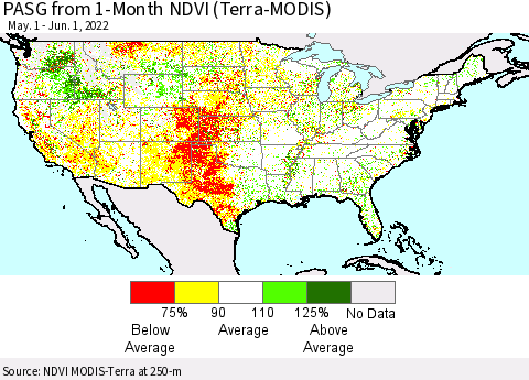 United States PASG from 1-Month NDVI (Terra-MODIS) Thematic Map For 5/25/2022 - 6/1/2022