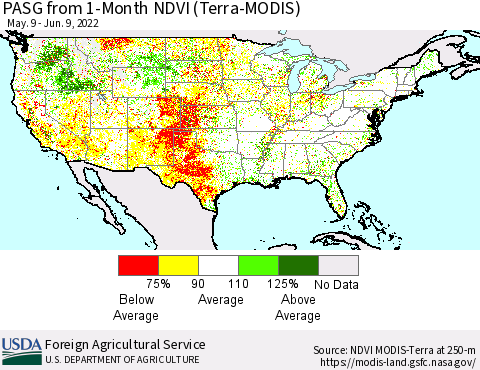 United States PASG from 1-Month NDVI (Terra-MODIS) Thematic Map For 6/1/2022 - 6/10/2022