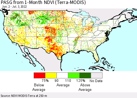 United States PASG from 1-Month NDVI (Terra-MODIS) Thematic Map For 6/26/2022 - 7/3/2022