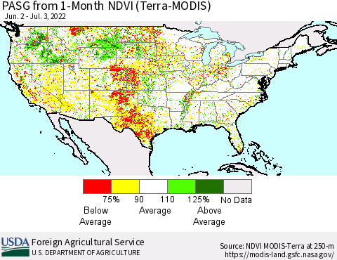 United States PASG from 1-Month NDVI (Terra-MODIS) Thematic Map For 7/1/2022 - 7/10/2022