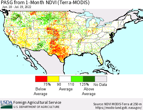 United States PASG from 1-Month NDVI (Terra-MODIS) Thematic Map For 7/11/2022 - 7/20/2022
