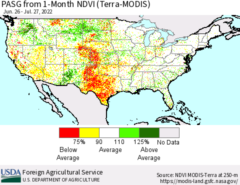United States PASG from 1-Month NDVI (Terra-MODIS) Thematic Map For 7/21/2022 - 7/31/2022
