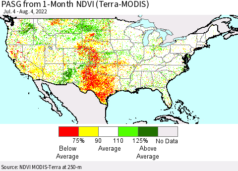 United States PASG from 1-Month NDVI (Terra-MODIS) Thematic Map For 7/28/2022 - 8/4/2022