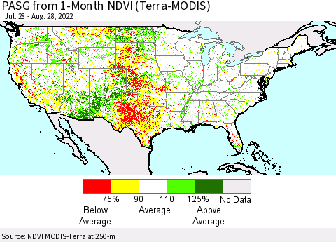 United States PASG from 1-Month NDVI (Terra-MODIS) Thematic Map For 8/21/2022 - 8/28/2022