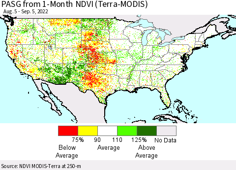 United States PASG from 1-Month NDVI (Terra-MODIS) Thematic Map For 8/29/2022 - 9/5/2022