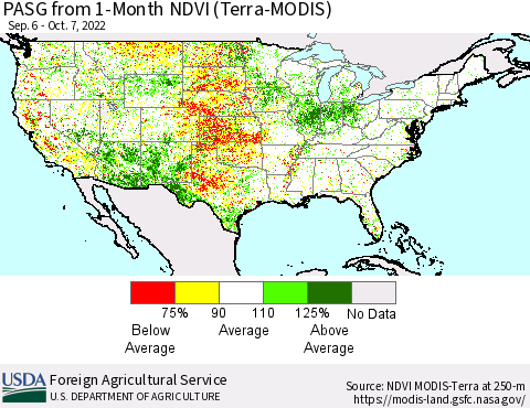 United States PASG from 1-Month NDVI (Terra-MODIS) Thematic Map For 10/1/2022 - 10/10/2022