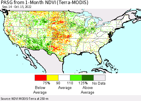 United States PASG from 1-Month NDVI (Terra-MODIS) Thematic Map For 10/8/2022 - 10/15/2022