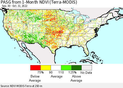 United States PASG from 1-Month NDVI (Terra-MODIS) Thematic Map For 10/21/2022 - 10/31/2022