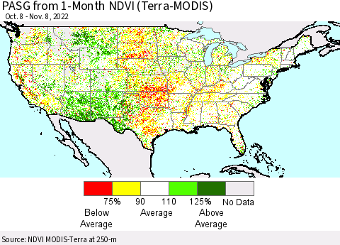 United States PASG from 1-Month NDVI (Terra-MODIS) Thematic Map For 11/1/2022 - 11/8/2022