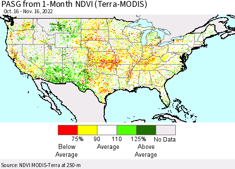 United States PASG from 1-Month NDVI (Terra-MODIS) Thematic Map For 11/9/2022 - 11/16/2022