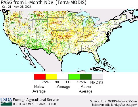 United States PASG from 1-Month NDVI (Terra-MODIS) Thematic Map For 11/21/2022 - 11/30/2022