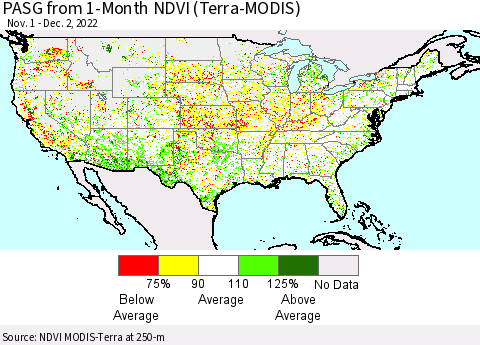 United States PASG from 1-Month NDVI (Terra-MODIS) Thematic Map For 11/25/2022 - 12/2/2022