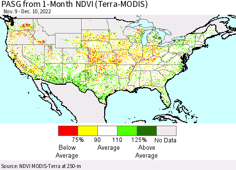 United States PASG from 1-Month NDVI (Terra-MODIS) Thematic Map For 12/1/2022 - 12/10/2022