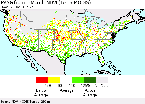 United States PASG from 1-Month NDVI (Terra-MODIS) Thematic Map For 12/11/2022 - 12/18/2022
